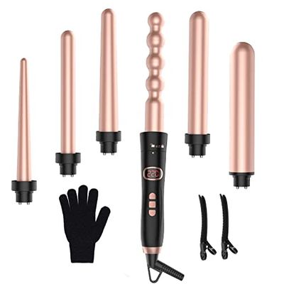 Fers à friser fers à friser avec divers accessoires - fers à friser 6 en 1 grandes et petites boucles, fer à friser en céramique or rose 9-32 mm
