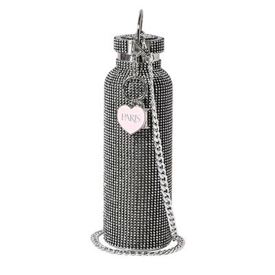 FACKELMANN Paris Hilton - Borraccia con glitter nero, 750 ml, con corpo in acciaio inox e strass, con ciondolo in metallo e catena rimovibile, ideale per viaggiare