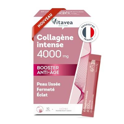 VITAVEA BIEN-ETRE - Collagène intense 4000 mg - Complément Alimentaire Anti-âge - Collagène hautement dosé 4000 mg - Peau lissée et éclantante - 10 sticks - 10 jours - Fabriqué en France