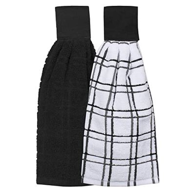 Ritz Kitchen Wears Solido Cucina Appeso Tie Asciugamano, Biscotti, Nero, 2 Pack Checked & Solid