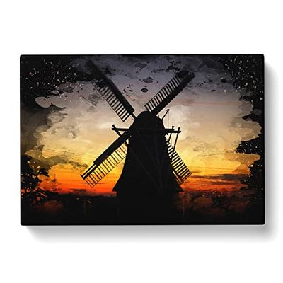 Landscape Windmill Sunset Netherlands Modern CB Canvas Wall Art Print Ready to Hang, Framed Picture for Living Room Bedroom Home Office Décor, 60x40 cm (24x16 Inch)