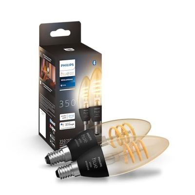 Philips Hue White Ambiance Filament Candela Smart LED Funziona con Alexa, Google Assistant e Apple HomeKit, Pack da 2