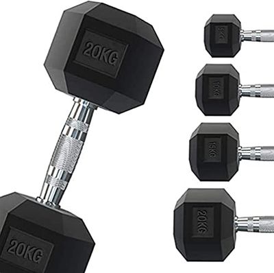 Professionele zeshoekige halter, met rubber, 1 tot 50 kg, voor fitnessstudio's of thuisgymnastiek, ergonomische antislip handgreep, per stuk verkocht (17,5 kg)