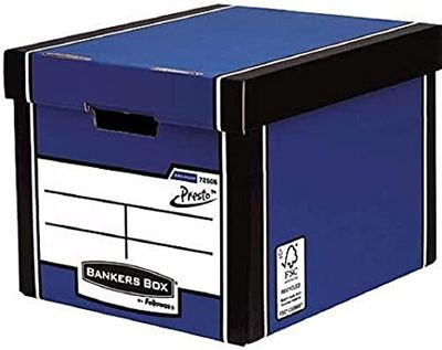 BANKERS BOX Caja archivadora de alta calidad resistente muy estable, 1 segundo gracias al sistema PRESTO, 100% reciclada, de fuentes sostenibles, con tapa separada, color azul, 5 unidades