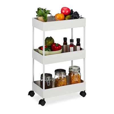 Relaxdays Carrito Auxiliar, 3 Niveles, Multiusos Cocina y Oficina, Camarera 65,5 x 40 x 22 cm, Metal y Plástico, Blanco, Acero Inoxidable