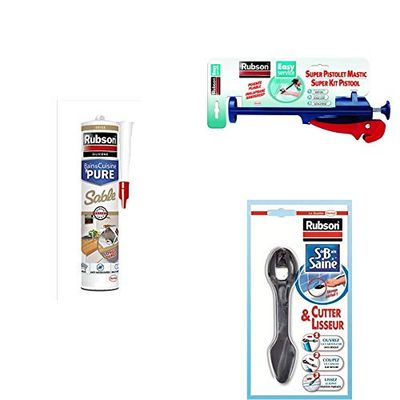 Rubson Mastic Bain&Cuisine Couleur Sable – 280 ml, inclus Super Pistolet Mastic & Cutter-Lisseur, Joint silicone multi-matériaux renforcé en antifongiques, mastic sanitaire coloré, souple & étanche