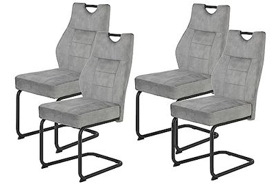 Hela Tische, Linda Lot de 4 chaises Luge pour Salle à Manger, Microfibre argentée, Armature en Tube Rond et Gris, Assise Confortable avec Panier à Ressorts, Charge Max. 140 kg