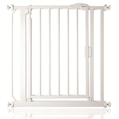 Safetots Porta de segurança auto-ajustável com fecho automático, 75 cm - 82 cm, branco, porta de bebé com fecho automático, barreira de segurança para crianças pequenas, instalação fácil