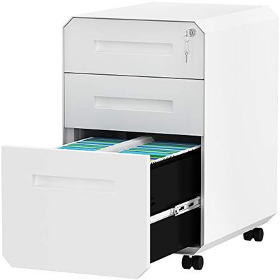 YITAHOME Volledig gemonteerde mobiele archiefkast met 3 laden voor thuiskantoor, afsluitbare rollende archiefkast met wiel, onder bureau archiefkasten voor brief/wettelijke grootte, wit, 51 x 40 x 64