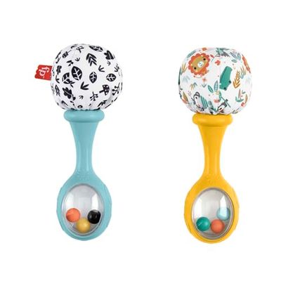 Fisher-Price Maracas Divertidas, 2 sonajeros con estampado de hojas en blanco y negro y de coloridos animales, juguete para bebés +3 meses (Mattel HMF34)