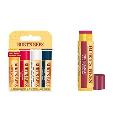 Burt's Bees Les Meilleurs Baumes 100% Naturels Multipack 4 Pièces & Baume à lèvres teinté 100% naturel, grenade, à la cire d'abeille et aux extraits de fruits, 1 crayon