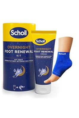 Scholl Zestaw do odnowy na noc, krem do pielęgnacji stóp, 60 ml, żelowe rękawy na piętę wielokrotnego użytku, 1 para – nawilżają suche stopy, widoczne rezultaty w ciągu 1 nocy, zawiera 5% mocznika i