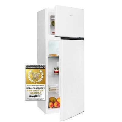 Exquisit® Frigorífico Vertical, 347L, Clase E, Color Blanco, 2 Puertas, Estantes de Cristal, Cajón Verdulero, Puerta Reversible, Tiradores Integrados, Consumo 176 kWh/año, Medidas 143,2x55x56 Cm.