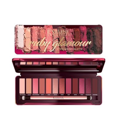 Eveline Cosmetics Ruby Glamour Palette Ombretti - 12 Tonalità Ispirate ai Gioielli Preziosi, Finiture Matte e Metalliche con Pennello Doppio