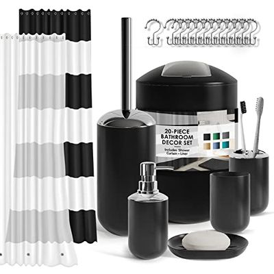 Clara Clark, Set di accessori da bagno, nero, 20 pezzi, set di tende da doccia, erogatore di sapone, scopino per WC e cestino della spazzatura