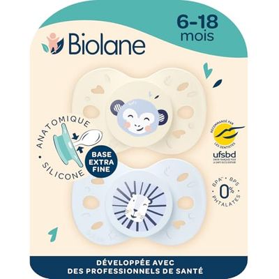 BIOLANE - Tétines anatomiques animaux - Sucettes extra-fines - 6 à 18 mois- Bleu et Beige - Téterelle plate et réversible- Confort optimal- Respect du développement bucco-dentaire