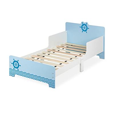 Relaxdays Lit Enfant avec Protection, HxLxP: 60x77x143 cm, sommier à Lattes Enfant avec Motif Cygne, MDF, Blanc - Bleu