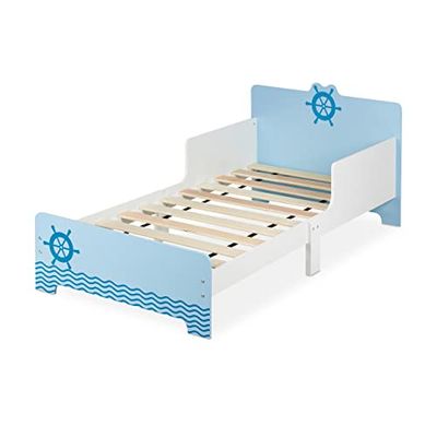 Relaxdays Cama Infantil con Diseño de Marinero, Bordes Anticaída, Somier Láminas, 60 x 77 x 143 cm, MDF, Blanco/Azul