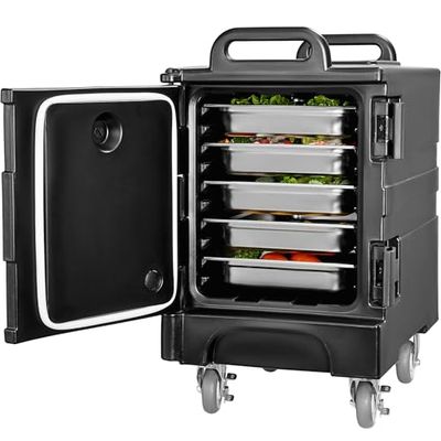 VEVOR Conteneur Isotherme pour Plateau Gastronorme 75 L, Boîte de Transport Empilable, Chargement Frontal, avec Doubles Boucles, Poignées et Roulettes, Porte-plateaux pour Restauration Cantine, Noir
