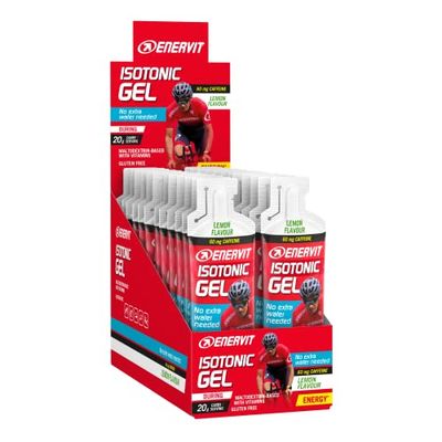 Enervit Gel Isotónico Limón con Cafeína, Fórmula Isotónica para Deportes de Resistencia, 20g de Carbohidratos, 60mg de Cafeína, Altamente Tolerable, Sin Necesidad de Agua, Sin Gluten, 24 Geles de 60ml