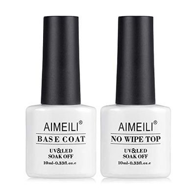 AIMEILI 2pcs Base Coat et Top Coat Semi Permanent Soak Off UV LED Vernis à Ongles No Wipe Top Coat et Base Coat Semi Permanent Vernis Gel Nail Polish 10ml