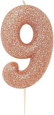 Anniversary House Age 9 Glitter Numeral Moulded Pick Candle Rose Gold