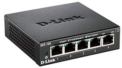 D-Link DES-105/B 5 Port Fast Ethernet Metal Desktop Switch, Hub, Internet Splitter, Metal, Fanless, Plug and Play - UK Model