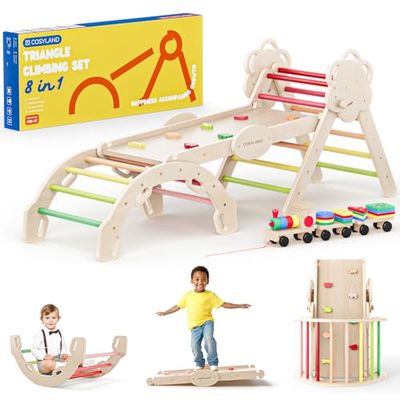 COSYLAND 8 en 1 Triángulo de Escalada Montessori con Arco y Rampa, Set Plegable Infantil, Juguete de Madera Resistente para Interior, Niños 18 Meses-6 años, Colores Cálidos, Grande