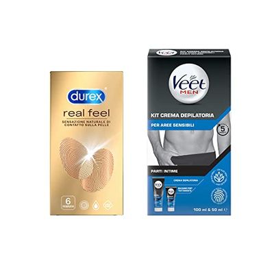 Veet Men e Durex, Kit Depilazione Intima per Lui (Crema Depilatoria + Balsamo Post Epilazione) e Preservativi Real Feel da 6 pezzi