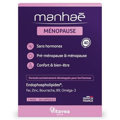 Vitavea Manhaé - Complément Alimentaire Ménopause et Pré-Ménopause Sans Hormones - pour Confort & bien-être - Acide Folique, Omega 3,Zinc,Fer - 30 gélules - Cure de 1 mois - Fabriqué en France
