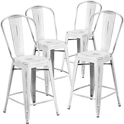 Flash Furniture Mobili Flash Confezione da 4 sgabelli da 61 cm in Metallo ad Alta invecchiamento, con Schienale, Bianco, Set di 4