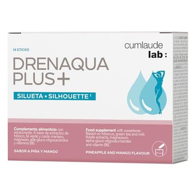 Cumlaude Lab - Drenaqua Plus+, Complemento Alimenticio, Ayuda al Drenaje y Retención de Líquidos, con Té Verde, Hibisco, Prebiótico, Cardo Mariano, Magnesio y Vitaminas, Sabor Piña y Mango - 14 Sticks