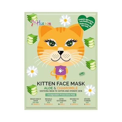 7th Heaven Kitten Face Sheet Mask with Cucumber and Aloe Vera to Soften and Hydrate Skin - Ideal for All Skin Types, Fun for Parties and Selfies (customer may receive 6+/8 + packaging)
