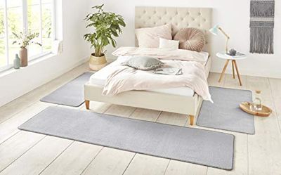 Hanse Home Nasty Dywan, obramowanie łóżka, 3-częściowy – chodnik przyłóżkowy, z krótkim włosiem, jednokolorowy, zestaw bieżników do pokoju dziecięcego, sypialni, jednokolorowy, srebrny, 2 x 70 x 140
