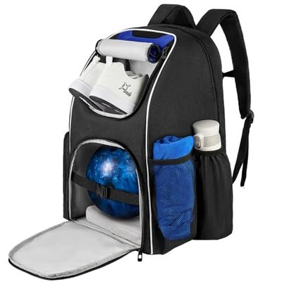 Jaffzora Bowling Backpack, Bowling Ball Bag for Single Ball and Bowling Accessories, Fits A Pair of Bowling Shoes Up to Size 16 for Men, Black&Blue