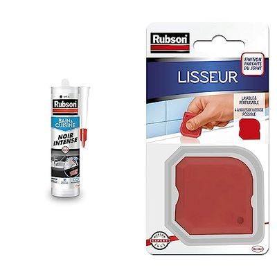 Rubson Mastic Bain & Cuisine Couleur Noir Intense, Joint silicone multi-matériaux renforcé en antifongiques, 280 ml & Lisseur, outil pour lisser tous les types de joints