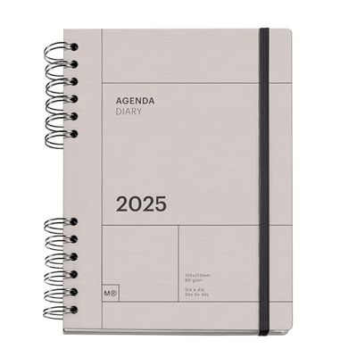 Miquelrius - Agenda 2025, Agenda anual 155x213 mm, Agenda día página, Cubierta cartón forrado, Papel sostenible 100 g/m², Cierre goma, Español, Inglés y Portugués, Gris