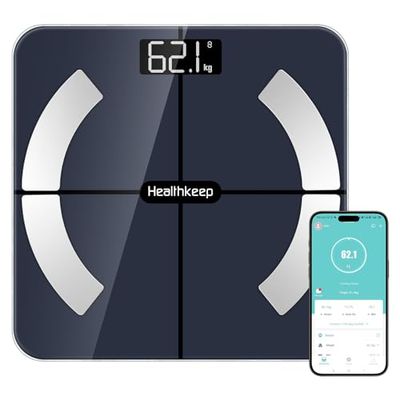 Healthkeep Personvåg, Bluetooth-ansluten våg, impedansmätare, hög precision, med 13 kroppssammansättning, app ingår, kapacitet 180 kg/400 kg, 28 x 28 cm