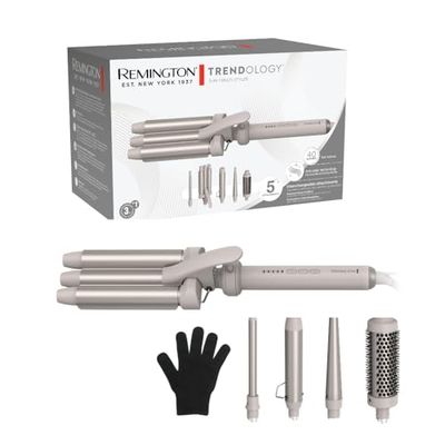 Remington Trendology CI41MS5 - Rizador de pelo 5 en 1 (plancha ondulada, cepillo redondo de 38 mm, 3 rizadores de 13 a 33 mm, pantalla LED de 130 °C – 210 °C, ondas de playa, rizos en espiral y rizos