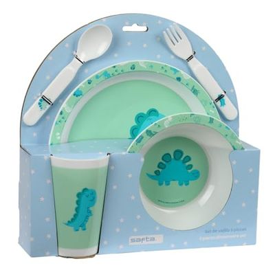 Safta PREESCOAR DINO - Set d'assiettes et couverts, Pack, assiette, couvert, bébé, initiation, repas, confortable et polyvalent, 26 x 9 x 26 cm, vert, M, Décontracté