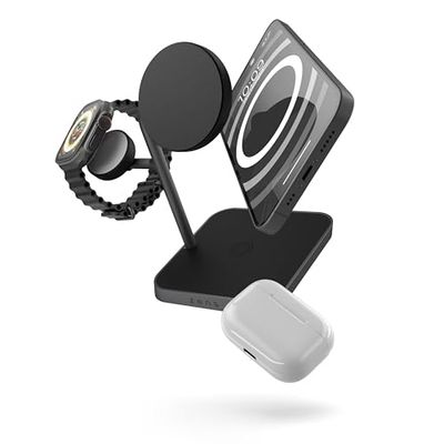 Zens Office Wireless Charger 3, chargeur sans fil de 15 W compatible avec MagSafe et Qi2 pour iPhone, Apple Watch, AirPods, adaptateur secteur de 45 W (EU,UK,US) et câble intégré de 1,5 m inclus, Noir