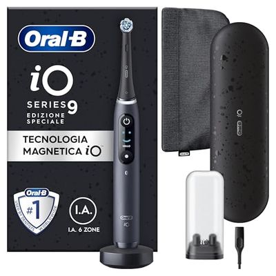 Oral-B iO 9 Cepillo de Dientes Eléctrico Negro Edición Especial Con 1 Cabezal, 1 Estuche Cargador de Viaje y 1 Funda Magnética, 7 Modos De Cepillado, Sensor De Presión, Diseñado por Braun