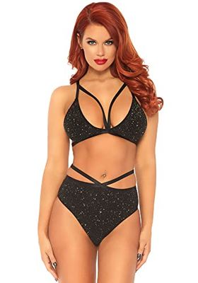 Leg Avenue Lurex Opaque Bra and Bottom, Black, Gold, S/M