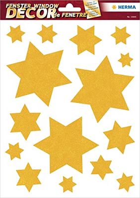 HERMA 15644 Window Stickers Christmas Stars Gold, Pack of 15, Self-Adhesive, Children's Window Stickers, Removable Winter Window Stickers, Glitter Window Film for Children's Room Decoration, Christmas