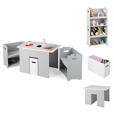 COSTWAY Ensemble de 3 sièges pour enfant, table avec 2 chaises, table d'activité 4 en 1 avec espace de rangement et couvercle amovible, siège multifonction pour les tout-petits à partir de 3 ans, gris
