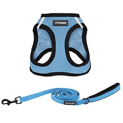 Voyager Step-in Air All Weather Mesh Harness & Reflective Dog 5 ft Leash Combo, Neoprene H&le, for Small, Medium, Large Breed Puppies by Best Pet Supplies - Leash Harness (Baby Blue/Black Trim), XXS