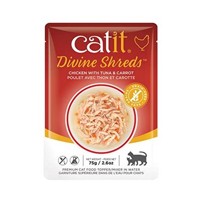 Catit Divine Shreds Cibo per gatti Premium, topping per cibo secco, con carne di pollo, tonno e carote, 1 confezione, 75 g