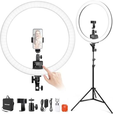 NEEWER Luce Anulare SRP18-2.4G LED 18" con Stativo e Portatelefono, Controllo 2.4G&Touch Manuale, Ring Light 42W 3200-5600K per Salone Tatuaggi Ciglia Barbiere Trucco, Illuminazione Fotografica,(Nera)