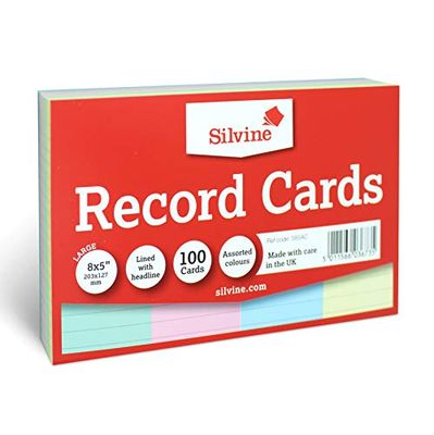 Silvine 8x5" Multi-gekleurde Record Cards - Gevoerd met kop, 100 kaarten per pak. Ref 585AC (203 x 127mm)