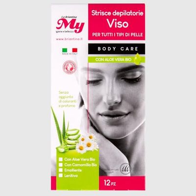 La Briantina Strisce Depilatorie Viso - 12 Pezzi, Tessuto non Tessuto, Arricchite con Aloe Vera, Camomilla, Burro di Karité, Olio di Cocco e Argan, 90x36 mm